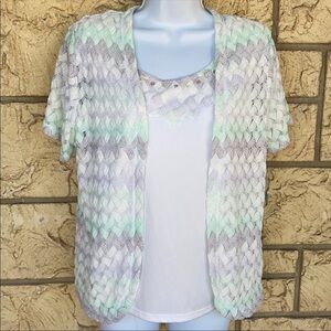 Alfred Dunner Open Front Lace Overlay Top White Knit Embellished loose fit